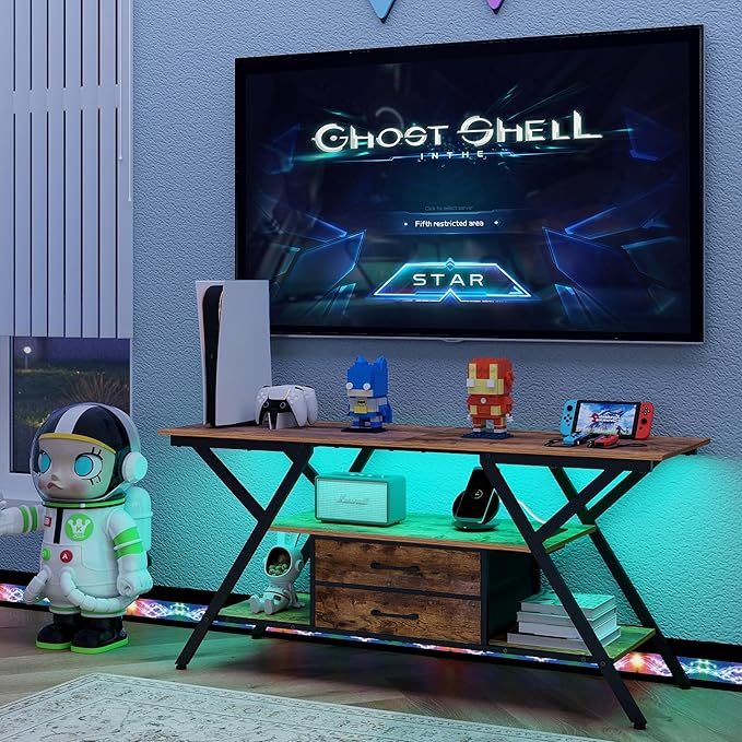 TV Stand with Power Outlet and LED Lights, Fits TVs up to 65”, 2 Fabric Drawers Entertainment Center with Open Storage Shelves, Media Console for Living Room, Bedroom (Rustic Brown)