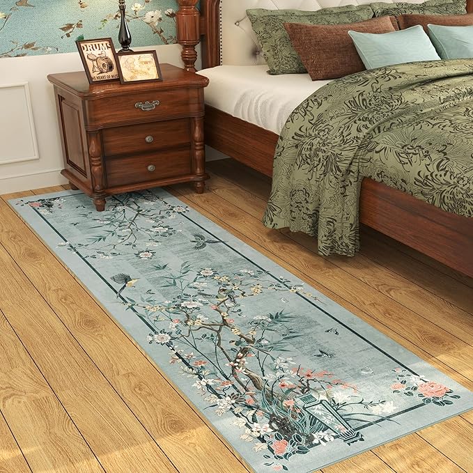 Runner Rug Chinoiserie-Style Floral Vintage Kitchen Rugs Non Slip Washable with Rubber Backing Soft Carpet for Laundry, Bedroom, Bathroom, Blue