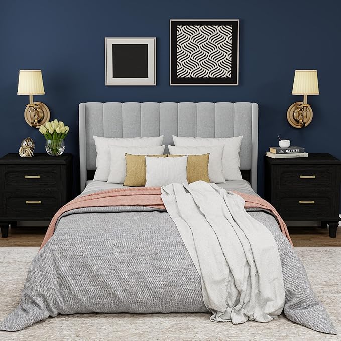 Upholstered Platform Full Size Bed Frame with Headboard Wooden Slats Support No Noise Easy Assembly Light Grey Linen