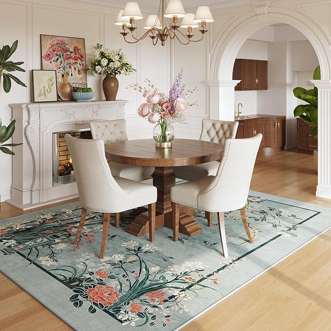 5x7 Area Rugs Chinoiserie-Style Floral Vintage Large Washable Rug Non Slip Low Pile for Living Room, Bedroom, Farmhouse, Dining Room, Kids Playroom, Blue