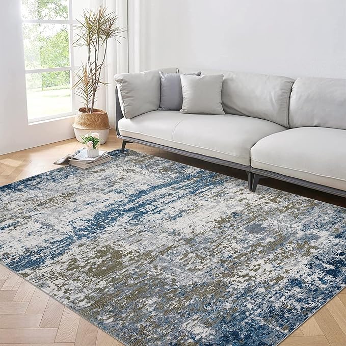 5x7 Modern Abstract Faux Wool Rug Ultra-Soft Low Pile Accent Rug Stain Resistant Carpet Machine Washable for Bedroom with Non Slip Backing, Navy