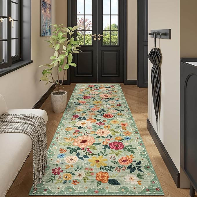 DUKINO 3x10 Runner Rug for Hallway, Washable Kitchen Floral Runner Rug with Non Slip Backing, Low Pile Soft Boho Carpet for Kitchen, Hallway, Entryway, Laundry, Bedroom, Green