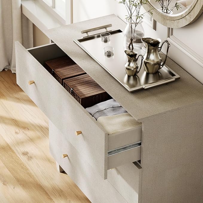 WAMPAT TV Stand Dresser for 32+ Inches TVs, Wood Media Console Table with 3 Drawers, Modern Highboy Entertainment Center with Storage for Living Room Bedroom, Beige Linen