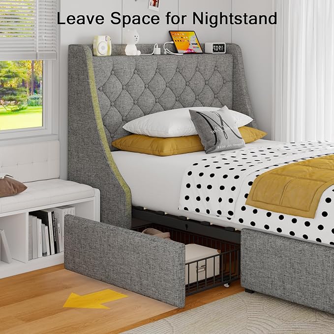 Twin Bed Frame with 4 Storage Drawers, Upholstered Bed Frame with Wingback Headboard, Charging Station, No Box Spring Needed, Easy Assembly, Light Grey