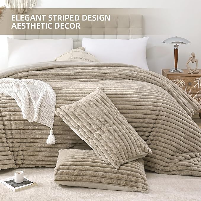 Smoofy Fluffy Queen Size Comforter Set 3 Pieces - Linen Fleece Fluffy Comforter Set, Luxury Fuzzy Queen Bedding Set, Soft Warm Queen Bed Set All Season, Heavy Faux Fur Comforter with 2 Pillow Cases