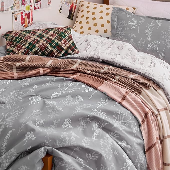 Bedsure Twin/Twin XL Comforter Set - Grey Bed Set, 2 Pieces Cute Floral Bedding, 1 Soft Reversible Botanical Flowers Comforter and 1 Pillow Sham