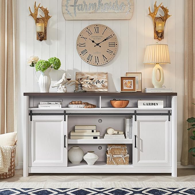 Rustic Farmhouse TV Stand for 80 Inch TVs, Large Entertainment Center with Storage, TV Console for Bedroom Living Room, Media Console Cabinet with Sliding Barn Doors, 70 Inch Wide, White & Walnut