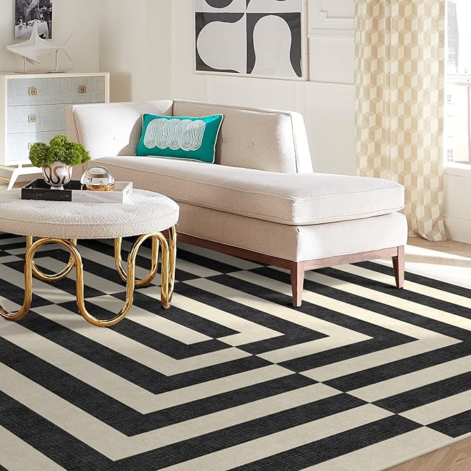 RUGGABLE x Jonathan Adler Machine Washable Modern Area Rug – Op Art Charcoal 9x12, Stain-Resistant, Non-Slip – Large Rugs for Living Room, Bedroom, Hallway, Entryway & Office–with Standard Pad