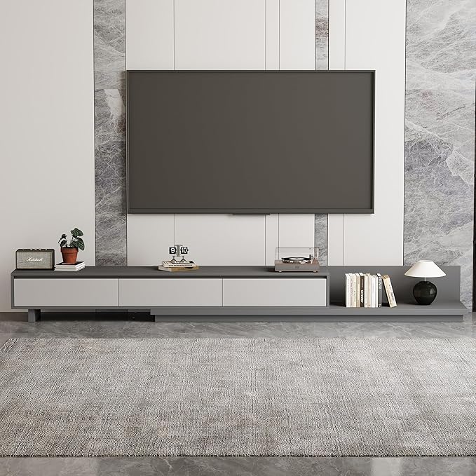 Mid-Century Modern Extendable TV Stand with Ample Storage for Living Room – Adjustable TV Cabinet from 78.7" to 130", 3-Drawer Entertainment Center, Grey