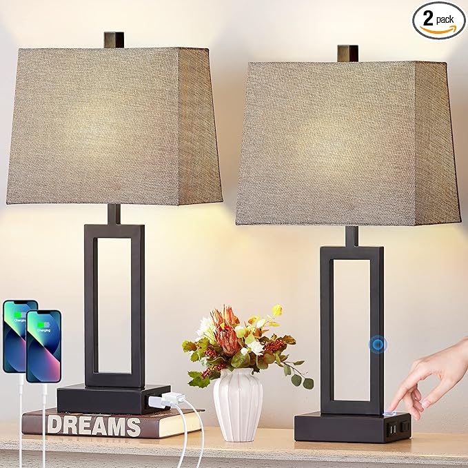 23.5" Touch Control Table Lamps Set of 2, Bedside Lamp with 2 USB Charging Ports & AC Outlet, 3-Way Dimmable Modern Nightstand Lamp for Living Room Bedroom End Table Office(2700K 2 LED Bulbs Included)