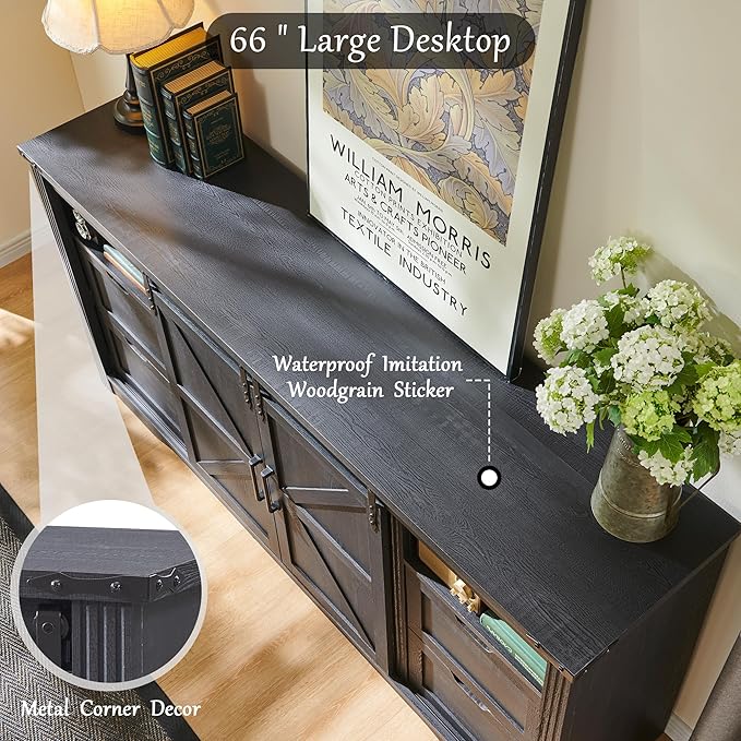 LINGMU Farmhouse TV Stand for 75 80 Inch TV, 32" Tall Entertainment Center w/4 Drawers & Sliding Barn Door, Rustic Media Console w/Storage Shelves, 66" Wood Television Stand for Living Room, Black