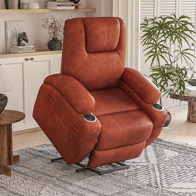 Power Lift Recliner Chair with Massage Electric Lift Chair for Elderly, Ergonomic Recliner with Cup Holders & Side Pockets, Modern Single Sofa for Living Room (Leathaire, Red Brown)