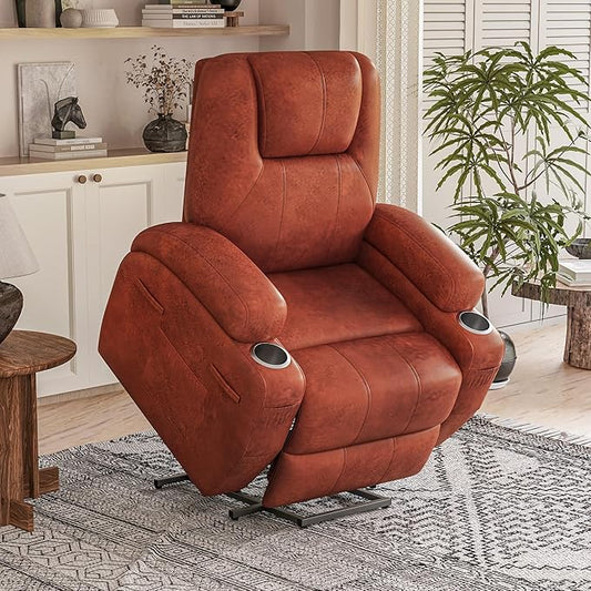 Power Lift Recliner Chair with Massage Electric Lift Chair for Elderly, Ergonomic Recliner with Cup Holders & Side Pockets, Modern Single Sofa for Living Room (Leathaire, Red Brown)