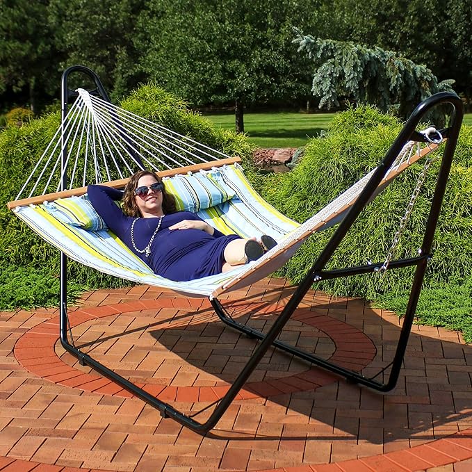 Sunnydaze Double Quilted Fabric Hammock with Universal Steel Stand - 450-Pound Capacity - Black Stand - Blue and Green