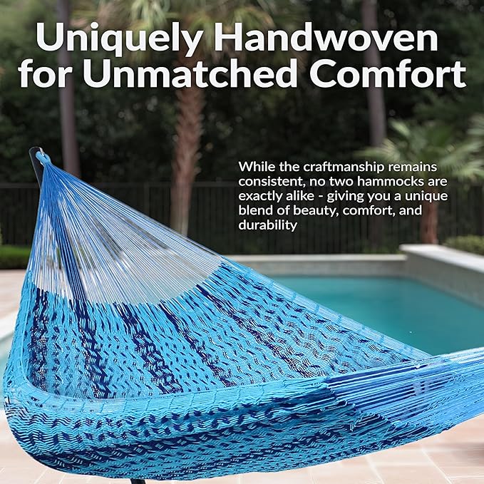 Sunnydaze Handwoven XXL Thick Cord Mayan Double Hammock for Outside - 625-Pound Capacity Heavy-Duty Outdoor Hammock - Blue