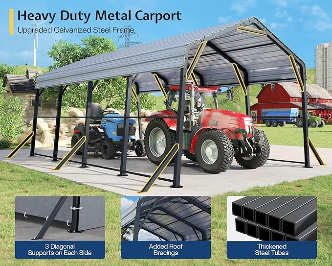 Jocisland 12x20x10.5 FT Metal Carport - Removable Waterproof Sidewalls, Heavy Duty Outdoor Carport with Upgraded Steel Reinforcements for All-Weather, Car Canopy for Car, Boat, Equipment Storage