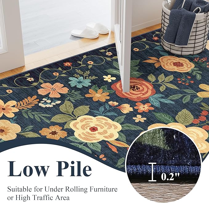 DUKINO 2x6 Runner Rug for Hallway, Washable Kitchen Runner Rug with Non Slip Backing, Low Pile Soft Boho Floral Runner for Kitchen, Hallway, Entryway, Laundry, Bedroom, Dark Blue