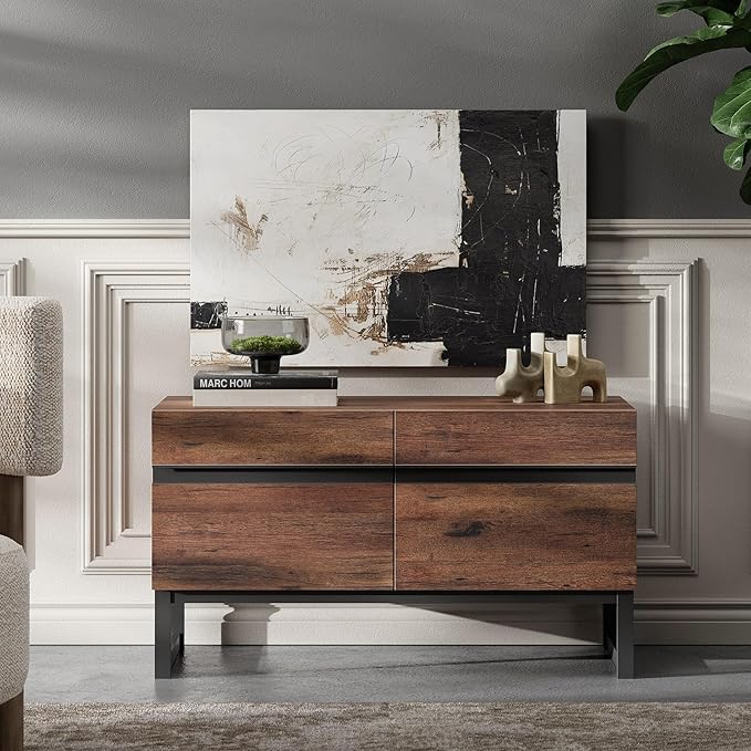 WAMPAT Modern TV Stand for TVs up to 50 inch, Entertainment Center TV Console with Storage Cabinet and Metal Base, Wood Media Console for Living Room,Brown