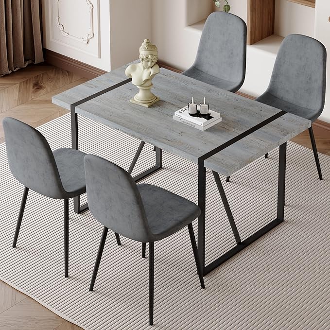 Dining Table Chairs Set for 4, Modern Rectangular Dining Room Table Set Upholstered Dining Chairs 55" Dinner Table Set for Kitchen (Grey Table & Grey1 Chairs, 55 inch Table + 4 Chairs)