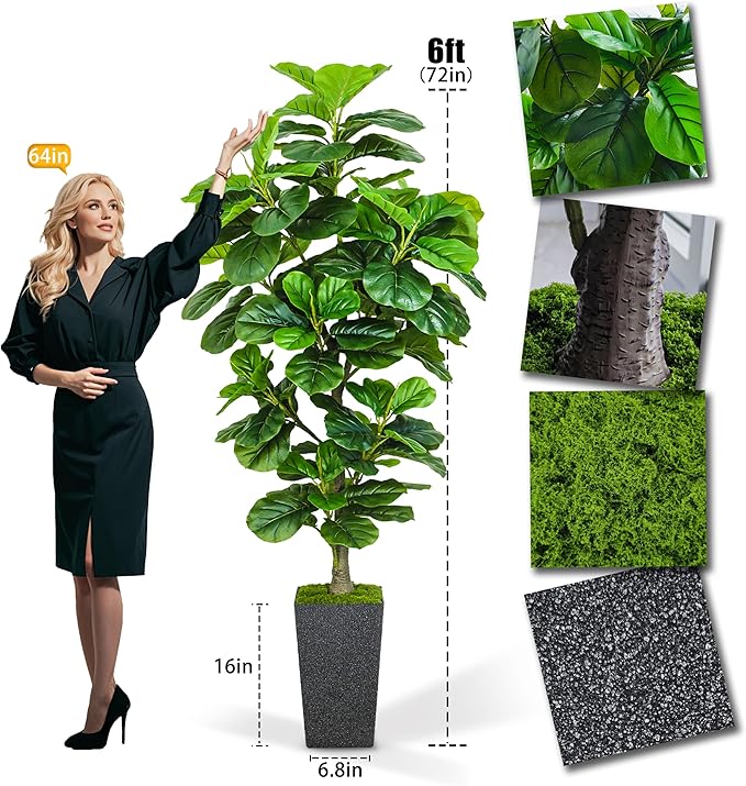 Artificial Fiddle Leaf Fig Tree 6ft, 6 Feet Large Tall Fake Plants Indoor with Modern Style Planter, Artificial Silk Tree for Home Office Living Room Decor Indoor, More Lifelike & Lush (Black)