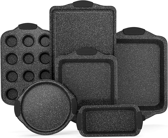 6-Piece Nonstick Gray Marble Coated Bakeware Set - Professional Quality Carbon Steel Pans with Silicone Handles - Ideal for Oven, Refrigerator, Freezer - Dishwasher Safe