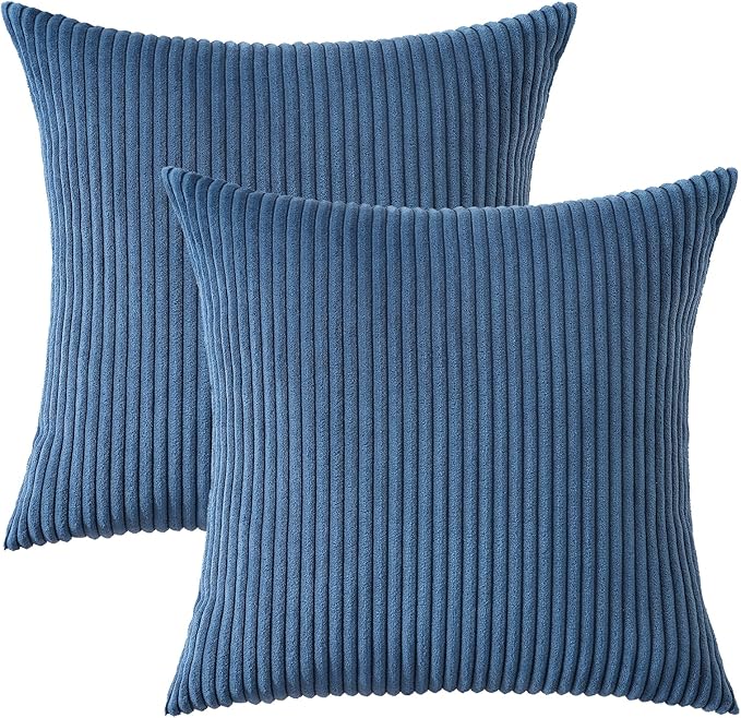 Mecatny Corduroy Decorative Throw Pillow Covers 20x20 Set of 2 for Sofa Living Room, Soft Neutral Boho Couch Pillow Covers for Home Decor, Navy Blue