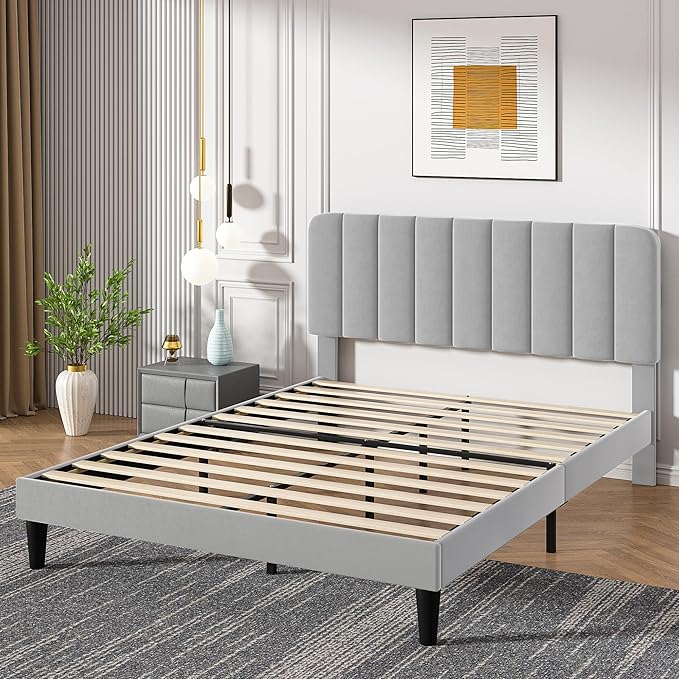 VECELO Queen Size Bed Frame with Upholstered Headboard, Velvet Platform Bedframe Mattress Foundation, Strong Wood Slat Support, No Box Spring Needed,Light Grey