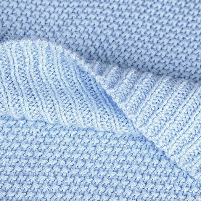 PiccoCasa 100% Cotton Knit Throw Blanket,Solid Lightweight Decorative Throws and Blankets,Soft Knitted Throw Blanket for Sofa Couch, Pale Blue 50" x 60"