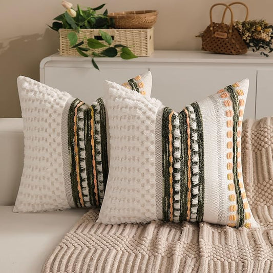 KOOLIFE Boho Chenille Tufted Couch Throw Pillow Covers 18x18 Inch Set of 2 Farmhouse Striped Decorative Pillow Covers Accent Neutral Pillowcase Dark Green Cushion Cover for Living Room Sofa Bed
