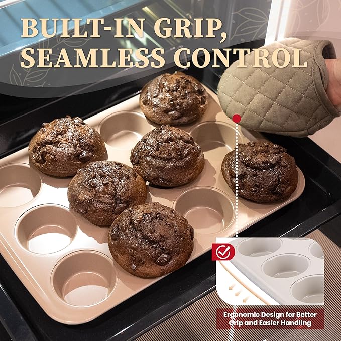 CARTMAN Bakeware Set 9-pieces Brown with Round/Square Cake Pan,Loaf Pan,6/12 Cup Muffin Pan,Cookie Sheet, Brush and Spatula, Carbon Steel Bake Set, Nonstick Stainless Steel Baking Pans Set