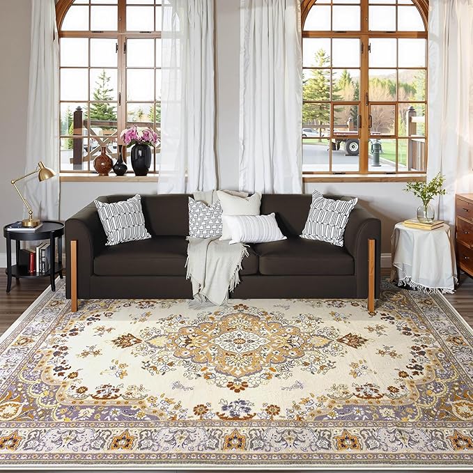 8x10 Area Rug for Living Room, Modern Washable Rug Non Slip Low Pile Large Area Rugs for Living Room, Bedroom, Farmhouse, Dining Room,Beige