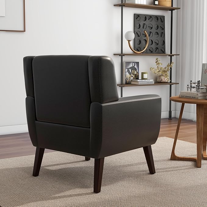 Accent Chair, Mid-Century Modern PU Leather Chairs with Arms for Living Room, Comfy Upholstered Club Single Sofa Armchair for Bedroom Waiting Room with Solid Wood Frame（Leather Black, Set of 2)