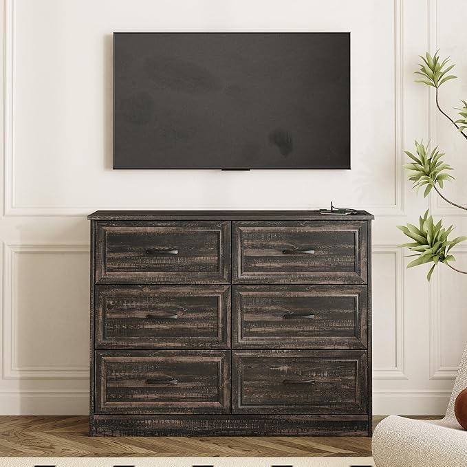 Fameill Dresser for Bedroom, 6 Drawer Wide Dressers Organizer with Charging Station for Hallway with Metal Handles, Dark Brown