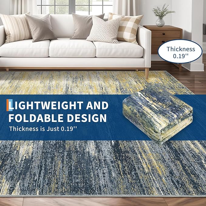 Washable Rug 5x7 Abstract Area Rug for Living Room, Non Slip Foldable Soft Rugs for Bedroom, Stain Resistant Rugs Modern Fuzzy Rug, Indoor Carpet for Entryway Home, Yellow/Black