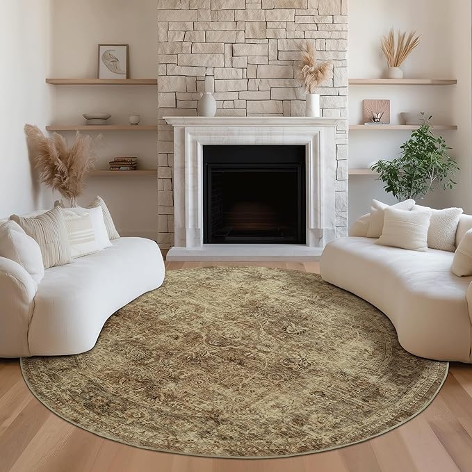FMFUNCTEX 6ft Round Washable Area Rug Brown Vintage Neutral Distressed Non Slip Carpet for Living Room Bedroom Soft Low Pile Indoor Mat Retro Floral Throw Rug for Dining Room Office Nursery Entry
