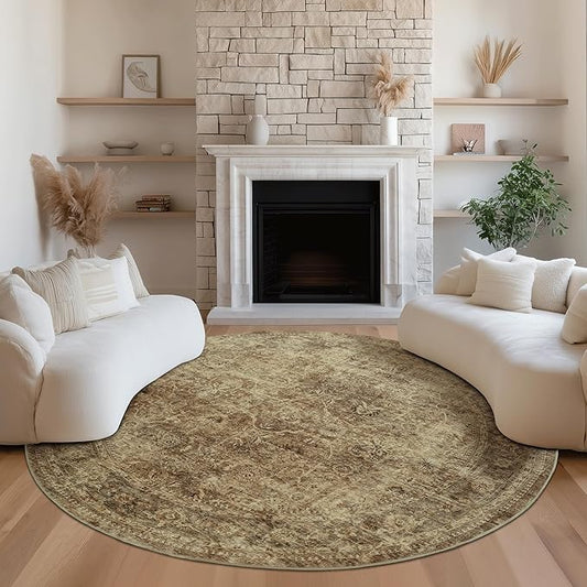 FMFUNCTEX 6ft Round Washable Area Rug Brown Vintage Neutral Distressed Non Slip Carpet for Living Room Bedroom Soft Low Pile Indoor Mat Retro Floral Throw Rug for Dining Room Office Nursery Entry