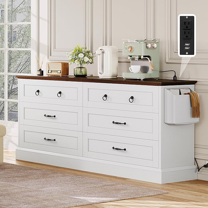 DWVO Farmhouse 6 Drawers Dresser, 59" Wide Wood Rustic Chest of Drawers with Nice Texture, Vintage Design, Storage Dressers Organizer for Living Room, Hallway, White