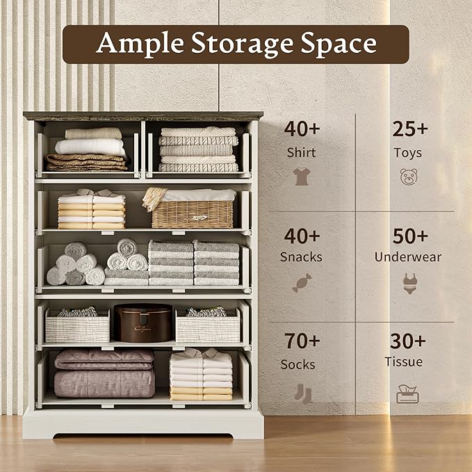 Farmhouse 6 Drawers Dresser for Bedroom, 43" Tall Modern Chest of Drawers with Deep Drawers & Bar Handles, Rustic Wood Dresser TV Stand, Wooden Closet Storage Organizer for Living Room, Hallway, White