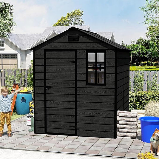 6x6 FT Outdoor Storage Resin Shed with Floor, Waterproof Plastic Garden Tool Shed with Windows, Vents & Lockable Door and Sloped Roof, Easy to Assemble Bike Shed for Patio, Backyard, Lawn, Black