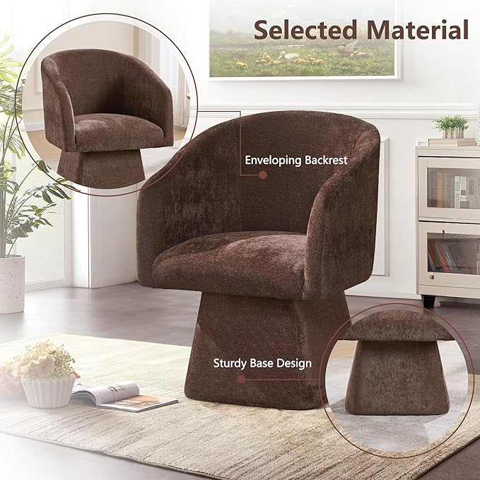 Swivel Modern Accent Chair,Luxury Fabric Upholstered Makeup Chair Comfy Barrel Chair with No Wheels,360°Rotating Vanity Armchair for Living Room Bedroom Office(Brown)