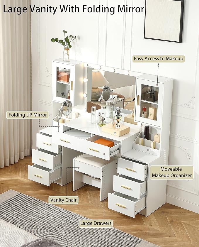 Extra Large Vanity with Folding Up Mirror and Lights,58.3'' Makeup Vanity Desk with Mirror and Lights,Outlet, Chair and Two Makeup Organizers,Dressing Table for Bedroom,White