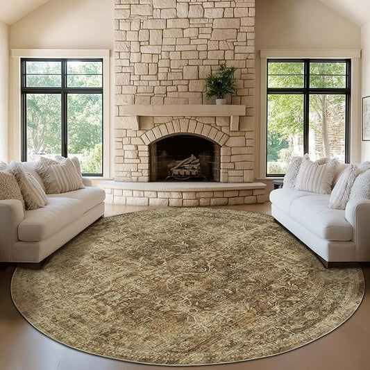 FMFUNCTEX 8ft Round Washable Area Rug Brown Vintage Neutral Distressed Large Non Slip Carpet for Living Room Bedroom Soft Low Pile Indoor Mat Retro Floral Throw Rug for Dining Kitchen Office Nursery