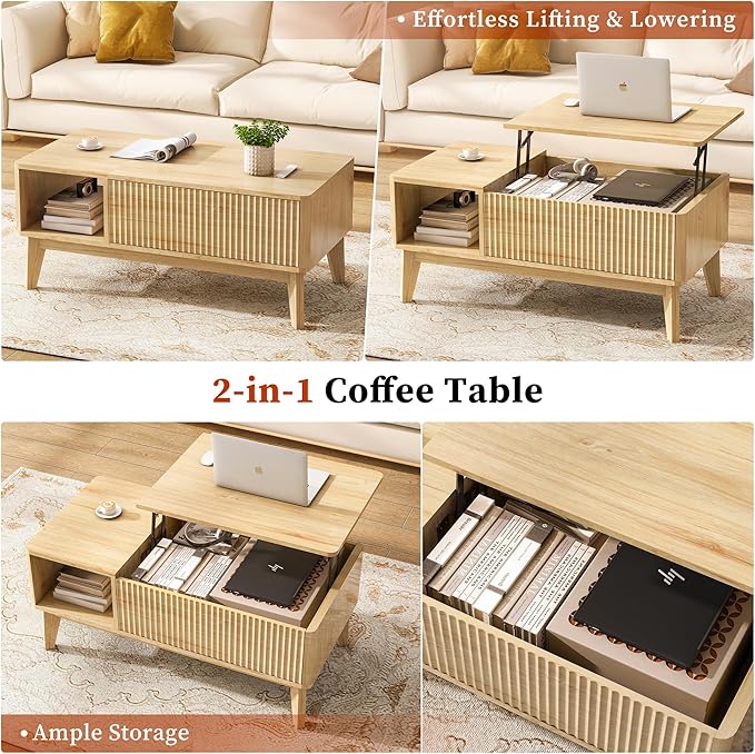 LYNCOHOME Fluted Lift Top Coffee Table with Hidden Compartment, Modern Center Table for Living Room, Home Office, Natural
