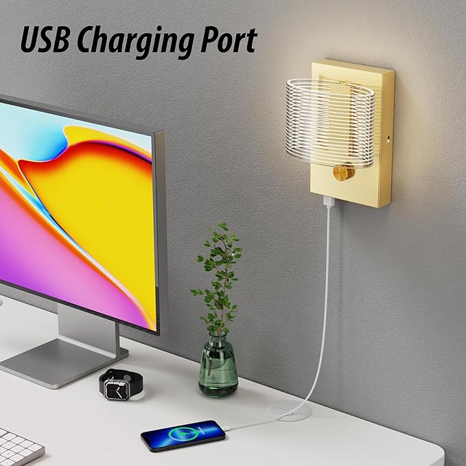 URSOLA Wall Sconce LED Wall Lamp with Dimmer Switch and USB Charging Port Oval Linear Sleek Lampshade 110 Volt Hardwired Wall Light 4000K Sconces Wall Lighting (Gold)