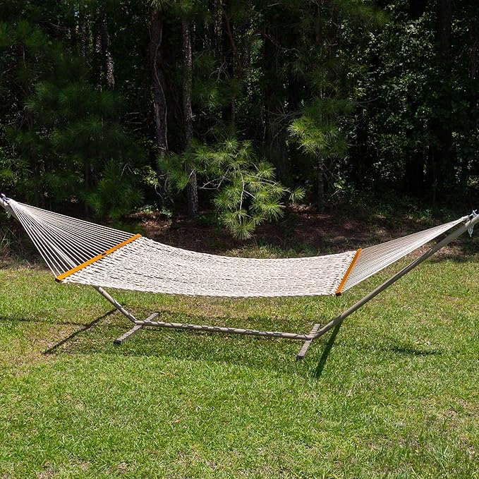 Original Pawleys Island 14DCOT Deluxe Oatmeal DURACORD Rope Hammock with Free Extension Chains & Tree Hooks, Handcrafted in The USA, Accommodates 2 People, 450 LB Weight Capacity, 13 ft. x 60 in.