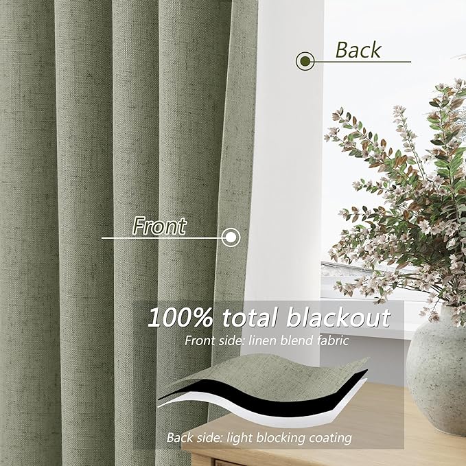 Sage Green Linen Blackout Curtains 102 Inch Length 2 Panels Set for Living Room Bedroom Back Tab Thermal Insulated 100% Black Out Linen Drapes Room Darkening Window Curtains 102 Inches Long