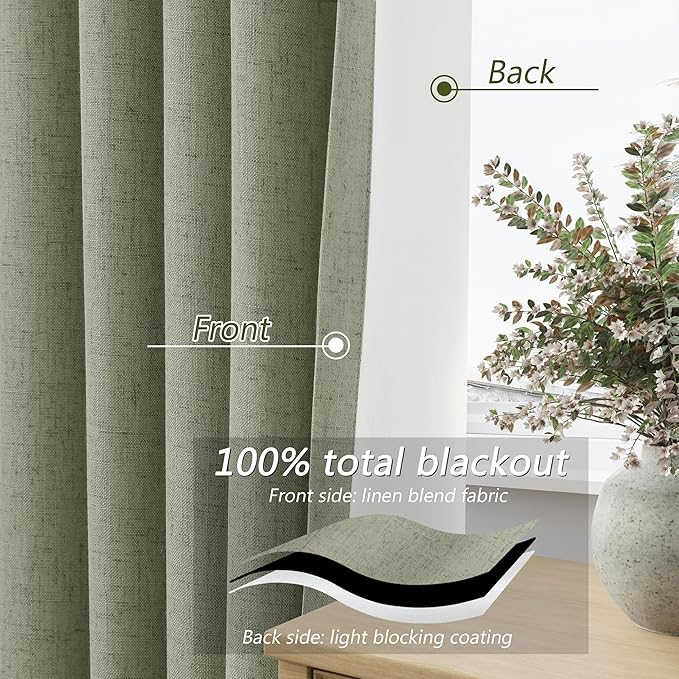 Sage Green Linen Blackout Curtains 108 Inch Length 2 Panels Set for Living Room Bedroom Back Tab Thermal Insulated 100% Black Out Linen Drapes Room Darkening Window Curtains 108 Inches Long
