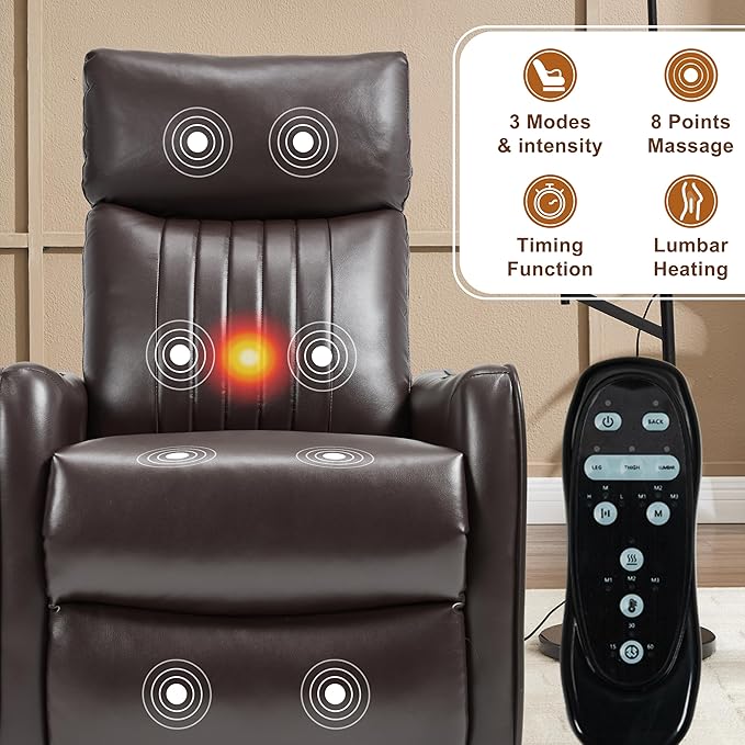 Manual Swivel Rocker Recliner Chair for Adults, Overstuffed Recliner Glider with Massage and Heat, Living Room Reclining Chair, PU Leather Dark Brown