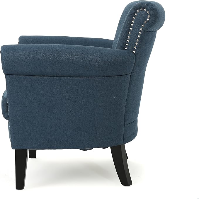 Christopher Knight Home Brice Vintage Scroll Arm Studded Fabric Club Chair, Navy Blue / Dark Brown 31D x 29.5W x 31.5H in
