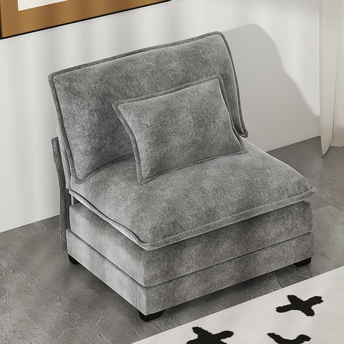 Real Relax 34.9'' Modular Sectional Sofa, Single Seat Without Armrest Chenille Convertible Couch with 2 Pillows for Living Room, Office and Leisure Places, Dark Gray